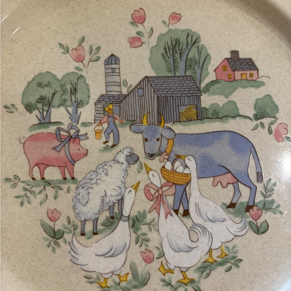 Chit Chat International China Stoneware Farmhouse Scene Two Dinner Plates